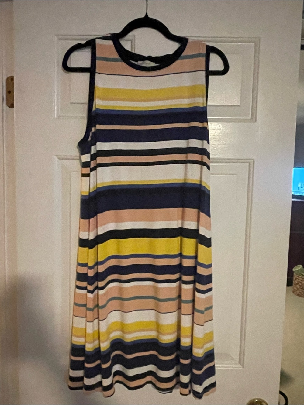 LOFT Sleeveless Striped Midi Dress in Navy, Yellow & Blush